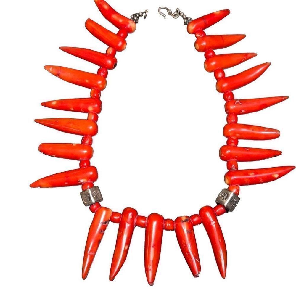Authentic Spiked Coral Necklace Sterling Silver Beads Indian Jewelry Fashion Red